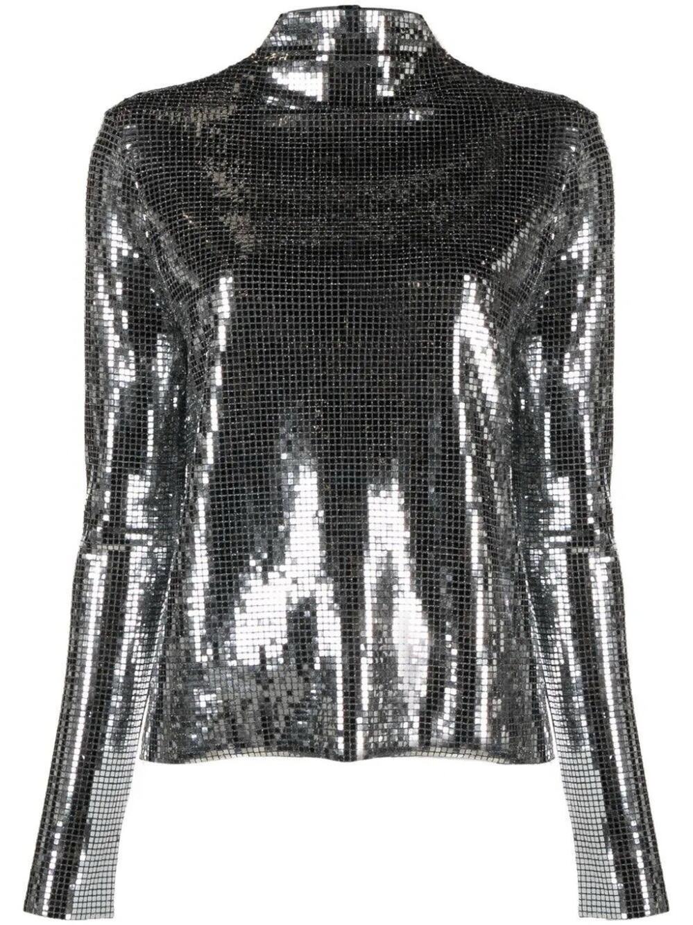Maje Silver Disco Ball Mockneck Long Sleeve Top M